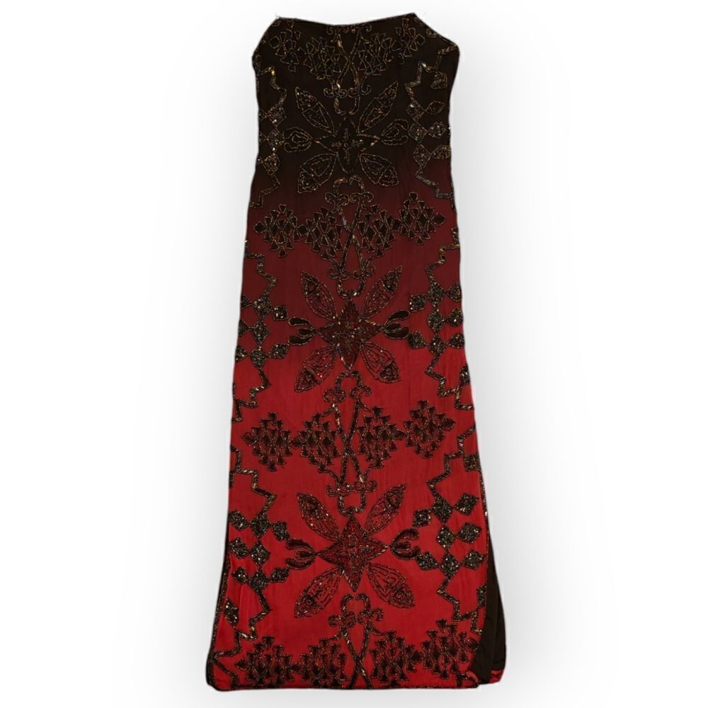 VTG LAURENCE KAZAR OMBRE BLACK RED BEADED SILK MAXI DRESS SIZE M - Picture 2 of 11